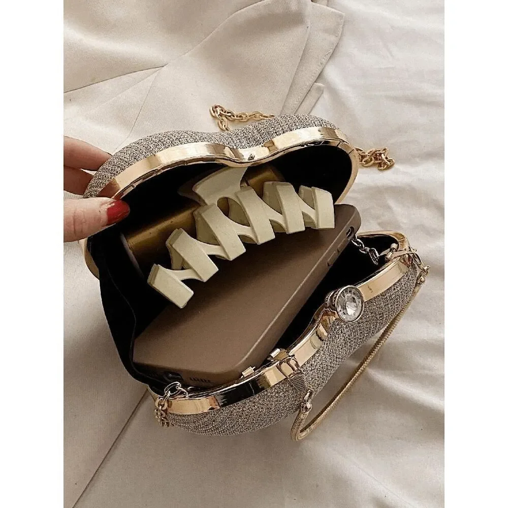 ❤️✨ Gold Sparkling Glitter Heart Shaped Top Handle Chain Clutch Purse Bag NEW
